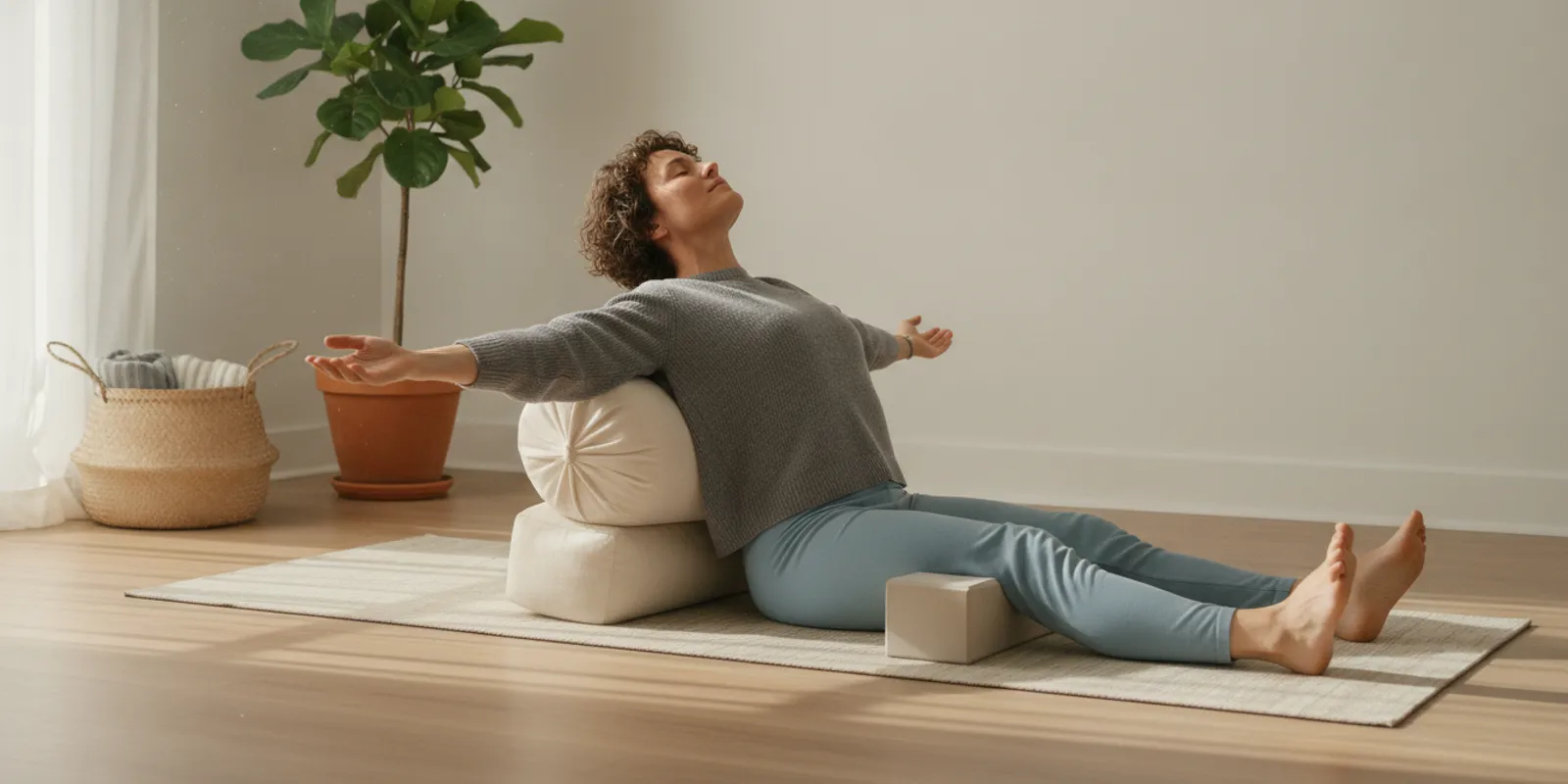 Person doing a gentle, supported stretch on a mat in a bright home setting