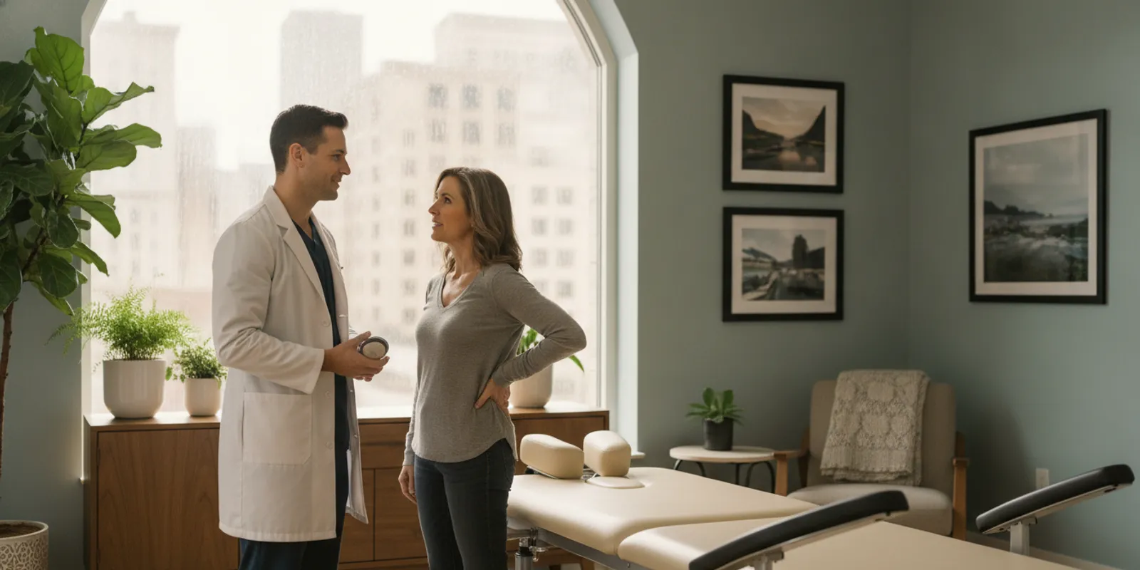 A patient discussing a back care plan with a clinician beside a spinal decompression table